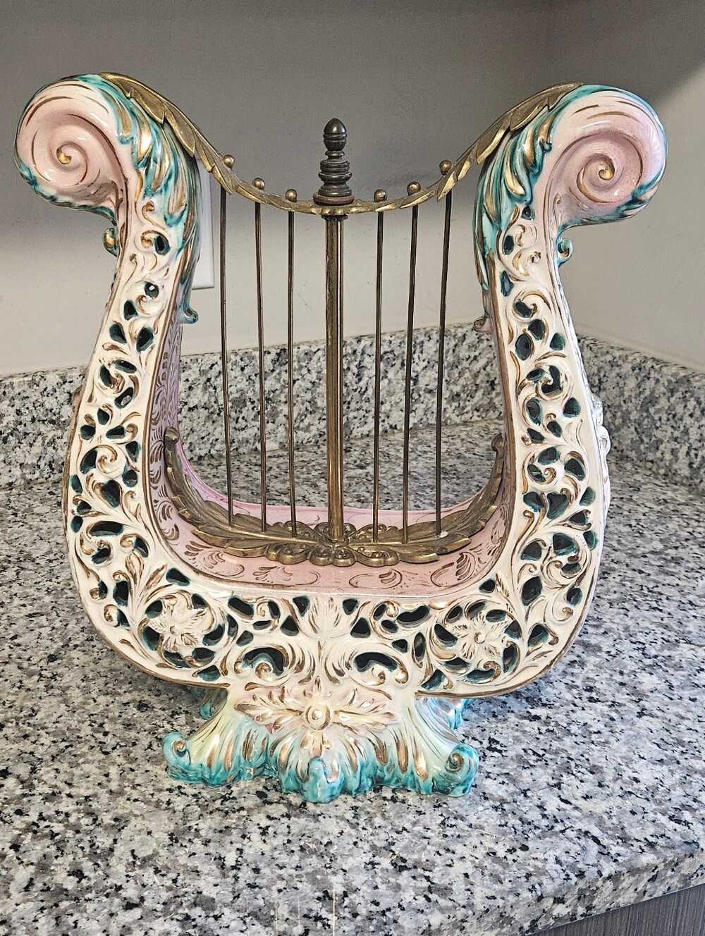 Rare Vintage Benrose Italy Capodimonte Style Porcelain Lyre Harp Cherub Statue